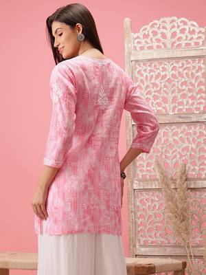 Hand Embroidered Pink Cotton Lucknowi Chikankari Short Kurti 2