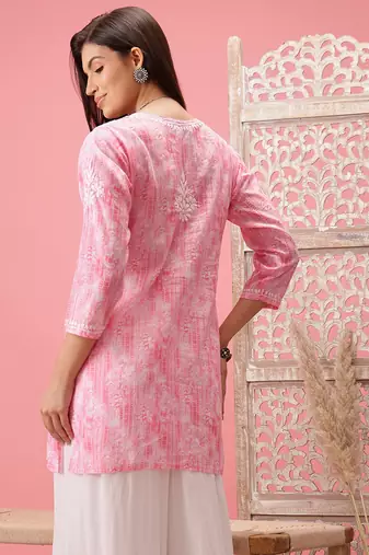 Hand Embroidered Pink Cotton Lucknowi Chikankari Short Kurti