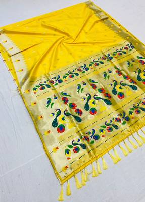 Koram Yellow Paithani kanchipuram silk blend saree Zari Weaving Pallu Saree With Blouse For Women 1