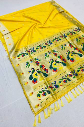 Koram Yellow Paithani kanchipuram silk blend saree Zari Weaving Pallu Saree With Blouse For Women