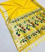 Koram Yellow Paithani kanchipuram silk blend saree Zari Weaving Pallu Saree With Blouse For Women