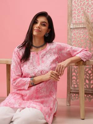 Hand Embroidered Pink Cotton Lucknowi Chikankari Short Kurti 3
