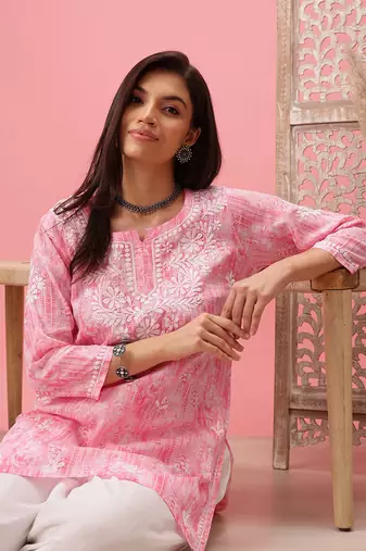 Hand Embroidered Pink Cotton Lucknowi Chikankari Short Kurti