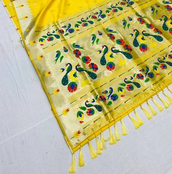 Koram Yellow Paithani kanchipuram silk blend saree Zari Weaving Pallu Saree With Blouse For Women 2
