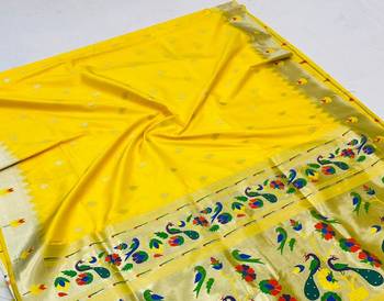 Koram Yellow Paithani kanchipuram silk blend saree Zari Weaving Pallu Saree With Blouse For Women 3