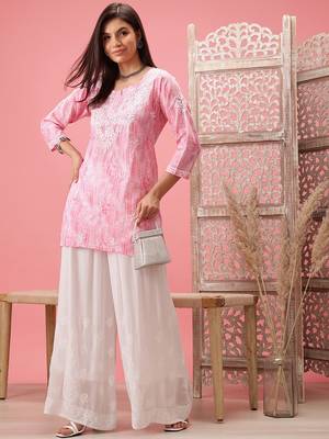 Hand Embroidered Pink Cotton Lucknowi Chikankari Short Kurti 4