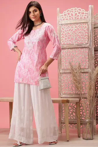 Hand Embroidered Pink Cotton Lucknowi Chikankari Short Kurti