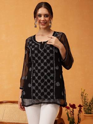 Hand Embroidered Black & Grey Georgette Lucknowi Chikankari Short Kurti With Slip 1