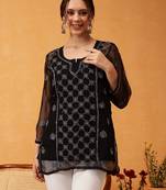 Hand Embroidered Black & Grey Georgette Lucknowi Chikankari Short Kurti With Slip