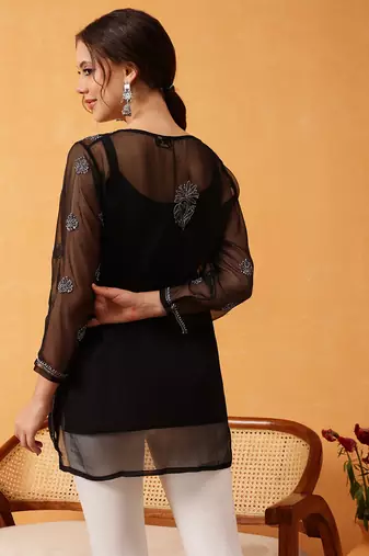 Hand Embroidered Black & Grey Georgette Lucknowi Chikankari Short Kurti With Slip