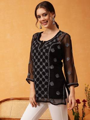 Hand Embroidered Black & Grey Georgette Lucknowi Chikankari Short Kurti With Slip 3