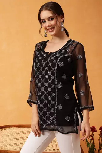 Hand Embroidered Black & Grey Georgette Lucknowi Chikankari Short Kurti With Slip