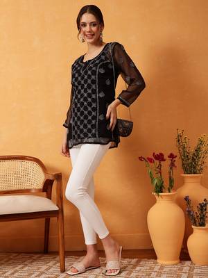 Hand Embroidered Black & Grey Georgette Lucknowi Chikankari Short Kurti With Slip 4
