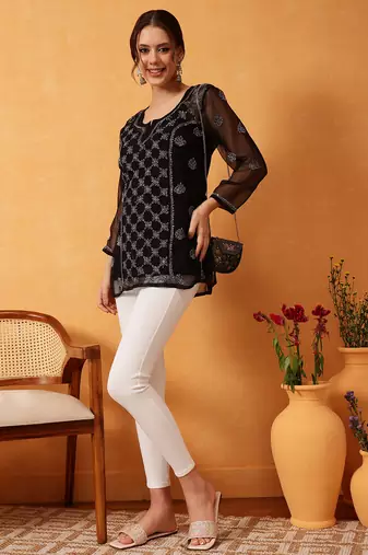 Hand Embroidered Black & Grey Georgette Lucknowi Chikankari Short Kurti With Slip