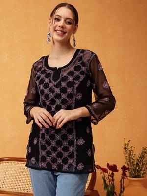 Hand Embroidered Black & Pink Georgette Lucknowi Chikankari Short Kurti With Slip 1