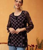Hand Embroidered Black & Pink Georgette Lucknowi Chikankari Short Kurti With Slip