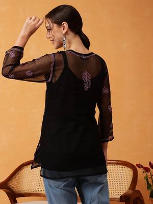Hand Embroidered Black & Pink Georgette Lucknowi Chikankari Short Kurti With Slip 2