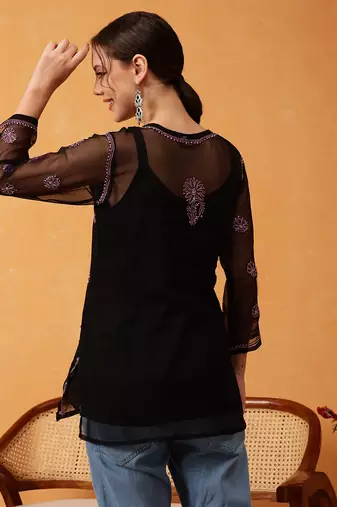 Hand Embroidered Black & Pink Georgette Lucknowi Chikankari Short Kurti With Slip