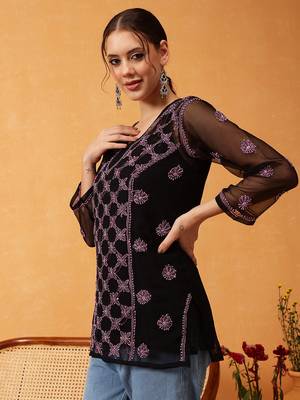 Hand Embroidered Black & Pink Georgette Lucknowi Chikankari Short Kurti With Slip 3