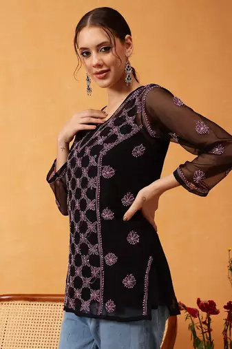Hand Embroidered Black & Pink Georgette Lucknowi Chikankari Short Kurti With Slip
