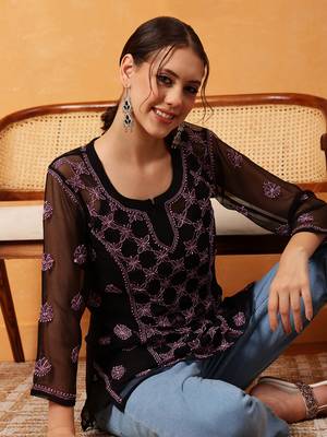 Hand Embroidered Black & Pink Georgette Lucknowi Chikankari Short Kurti With Slip 4