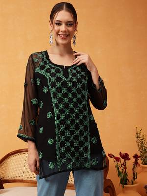 Hand Embroidered Black & Green Georgette Lucknowi Chikankari Short Kurti With Slip 1