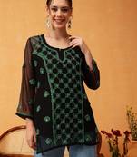 Hand Embroidered Black & Green Georgette Lucknowi Chikankari Short Kurti With Slip
