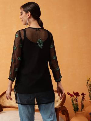 Hand Embroidered Black & Green Georgette Lucknowi Chikankari Short Kurti With Slip 2