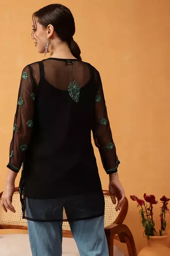 Hand Embroidered Black & Green Georgette Lucknowi Chikankari Short Kurti With Slip