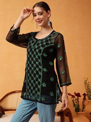 Hand Embroidered Black & Green Georgette Lucknowi Chikankari Short Kurti With Slip 3