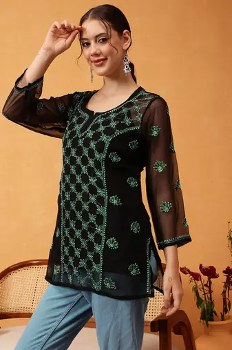Hand Embroidered Black & Green Georgette Lucknowi Chikankari Short Kurti With Slip
