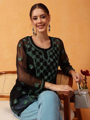 Hand Embroidered Black & Green Georgette Lucknowi Chikankari Short Kurti With Slip 4