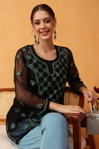 Hand Embroidered Black & Green Georgette Lucknowi Chikankari Short Kurti With Slip