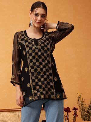 Hand Embroidered Black & Golden Georgette Lucknowi Chikankari Short Kurti With Slip 1