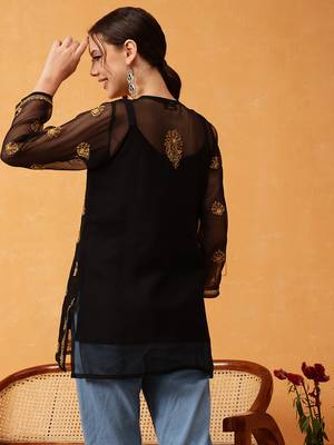 Hand Embroidered Black & Golden Georgette Lucknowi Chikankari Short Kurti With Slip 2