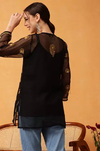 Hand Embroidered Black & Golden Georgette Lucknowi Chikankari Short Kurti With Slip