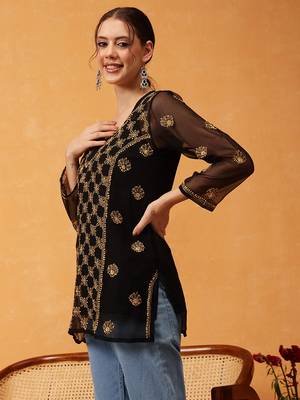 Hand Embroidered Black & Golden Georgette Lucknowi Chikankari Short Kurti With Slip 3