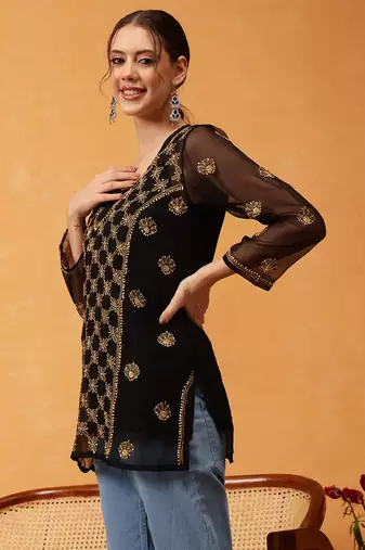 Hand Embroidered Black & Golden Georgette Lucknowi Chikankari Short Kurti With Slip