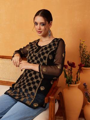 Hand Embroidered Black & Golden Georgette Lucknowi Chikankari Short Kurti With Slip 4