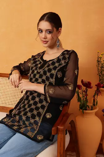 Hand Embroidered Black & Golden Georgette Lucknowi Chikankari Short Kurti With Slip