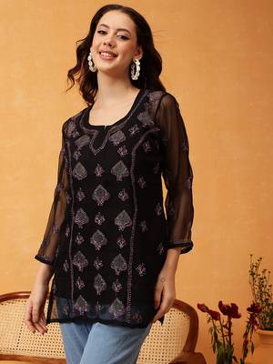 Hand Embroidered Black & Mauve Georgette Lucknowi Chikankari Short Kurti With Slip 1