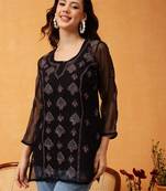 Hand Embroidered Black & Mauve Georgette Lucknowi Chikankari Short Kurti With Slip