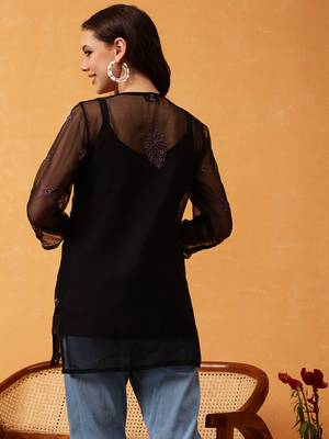 Hand Embroidered Black & Mauve Georgette Lucknowi Chikankari Short Kurti With Slip 2