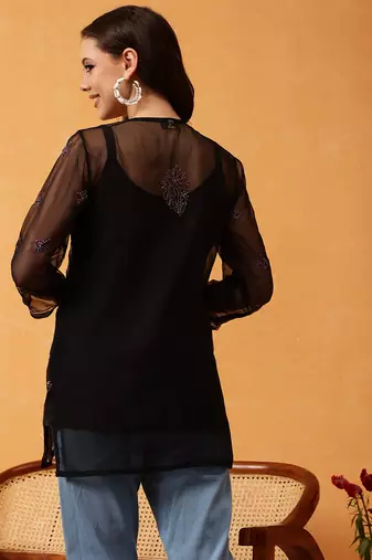 Hand Embroidered Black & Mauve Georgette Lucknowi Chikankari Short Kurti With Slip