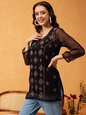 Hand Embroidered Black & Mauve Georgette Lucknowi Chikankari Short Kurti With Slip 3
