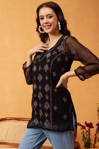 Hand Embroidered Black & Mauve Georgette Lucknowi Chikankari Short Kurti With Slip