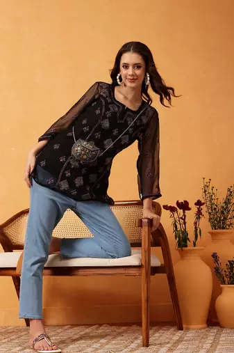 Hand Embroidered Black & Mauve Georgette Lucknowi Chikankari Short Kurti With Slip