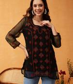 Hand Embroidered Black & Rust Georgette Lucknowi Chikankari Short Kurti With Slip