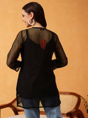 Hand Embroidered Black & Rust Georgette Lucknowi Chikankari Short Kurti With Slip 2
