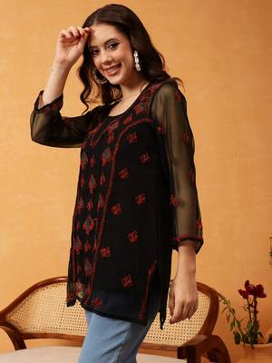 Hand Embroidered Black & Rust Georgette Lucknowi Chikankari Short Kurti With Slip 3